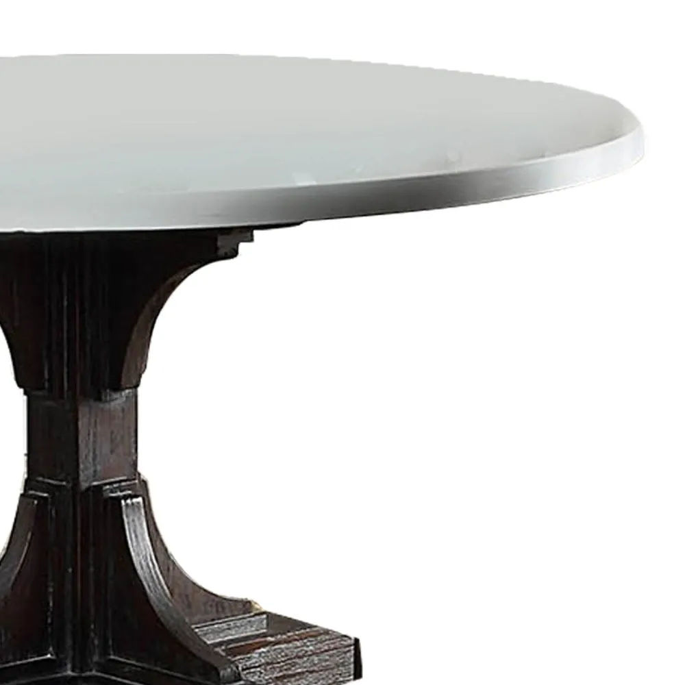 Dining Table with Marble Top and Pedestal Base, White and Brown By Casagear Home
