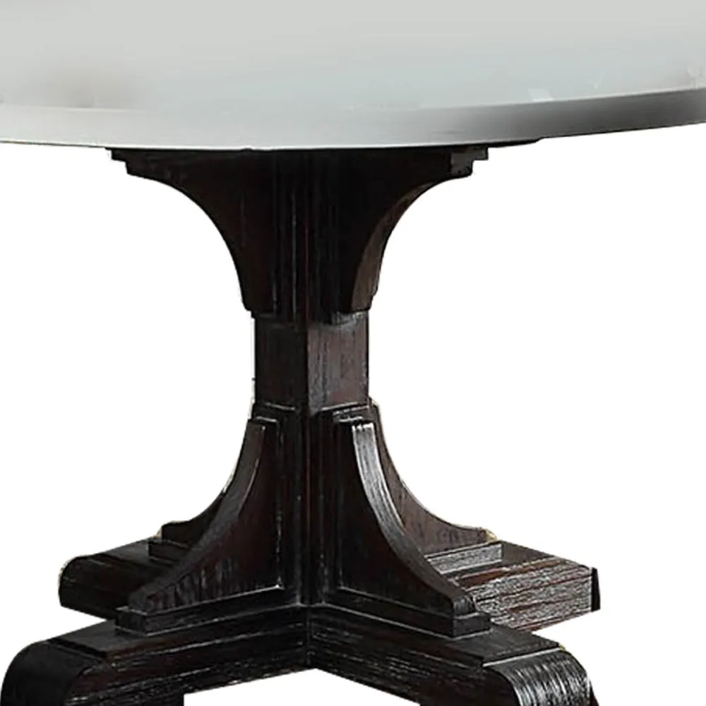 Dining Table with Marble Top and Pedestal Base, White and Brown By Casagear Home