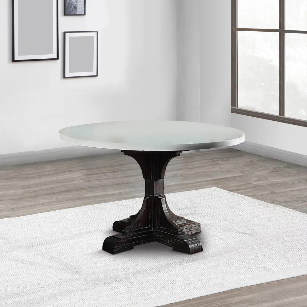 Dining Table with Marble Top and Pedestal Base, White and Brown By Casagear Home