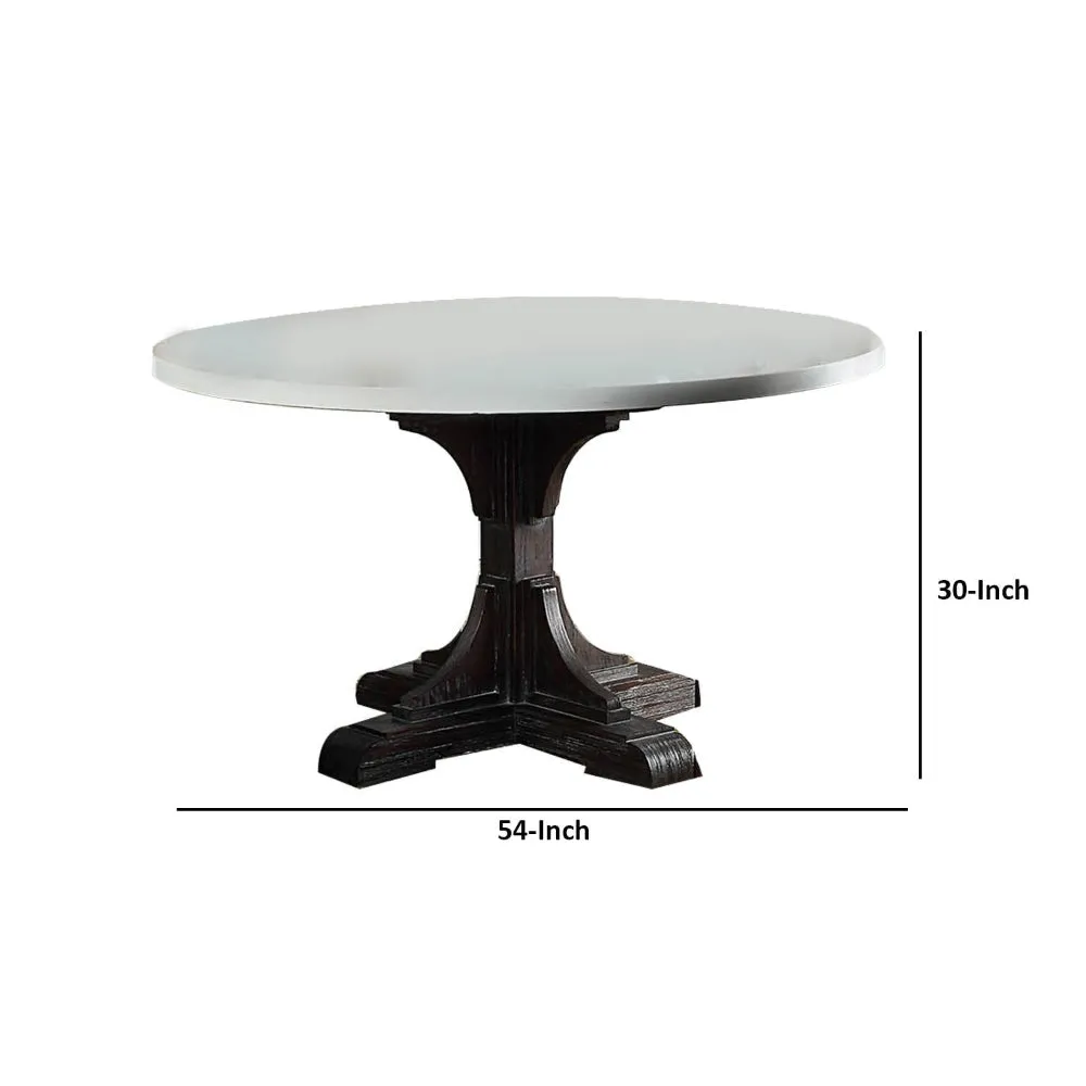 Dining Table with Marble Top and Pedestal Base, White and Brown By Casagear Home