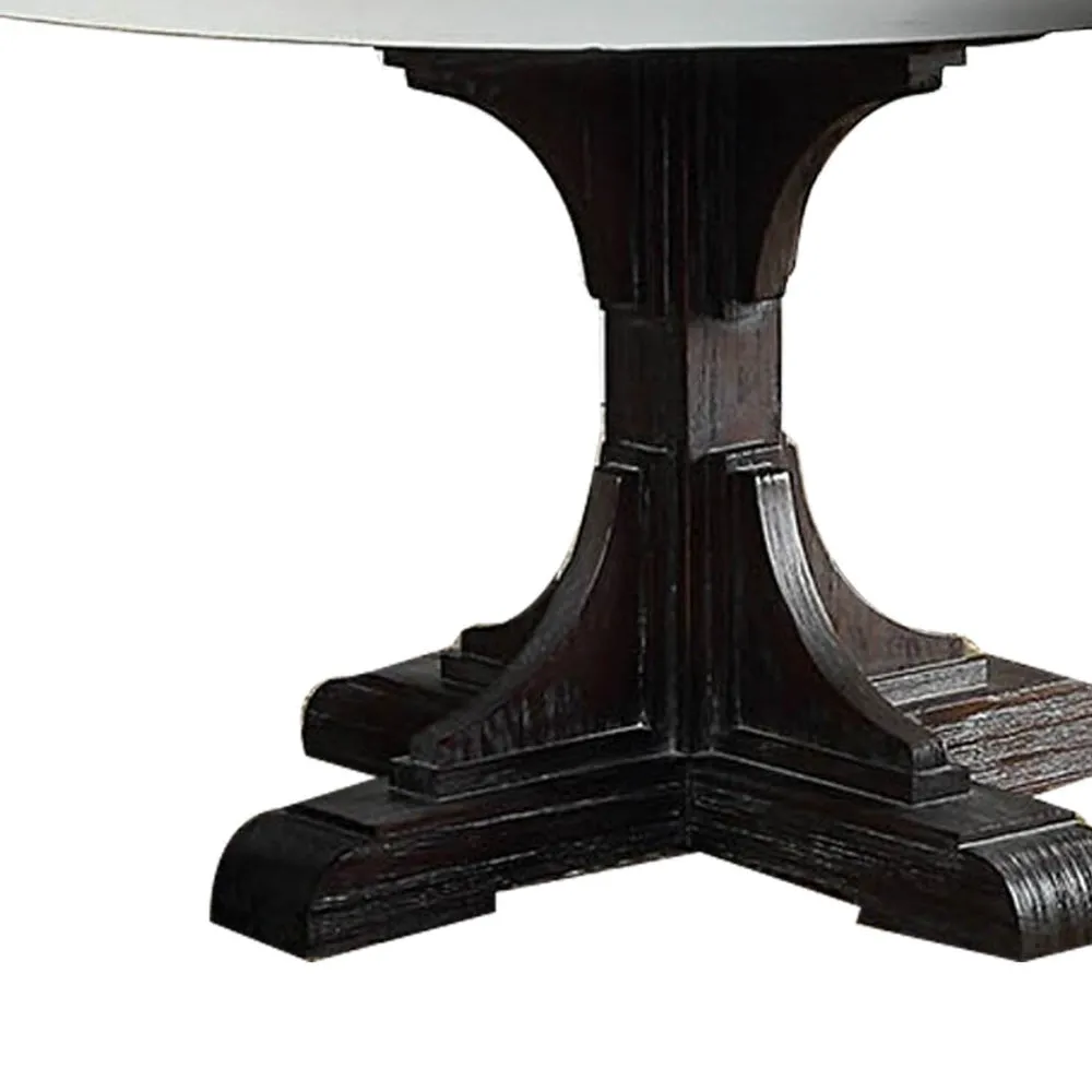 Dining Table with Marble Top and Pedestal Base, White and Brown By Casagear Home