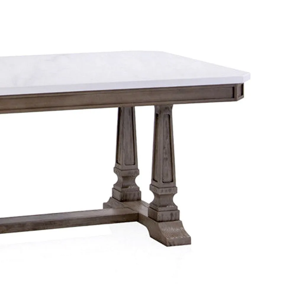 Dining Table with Marble Top and Trestle Base, White and Brown By Casagear Home