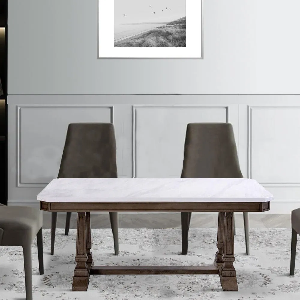 Dining Table with Marble Top and Trestle Base, White and Brown By Casagear Home