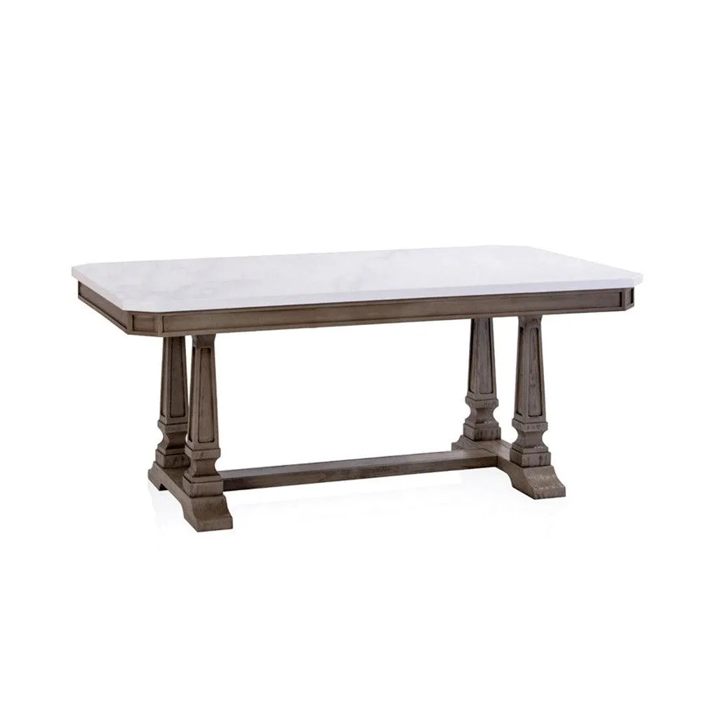 Dining Table with Marble Top and Trestle Base, White and Brown By Casagear Home