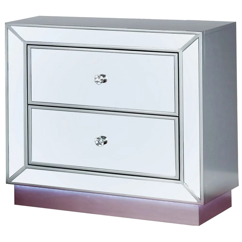 Donna 26 Inch Nightstand, 2 Drawers, LED Light, USB Port, Mirror, Silver By Casagear Home