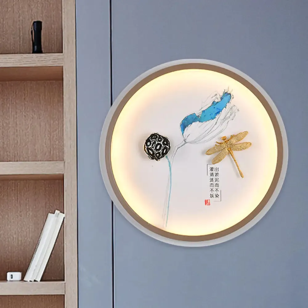 Dragonfly LED Wall Lamp in Asian Style: Yellow and Blue Circle Metallic Mural for Hallway Lighting