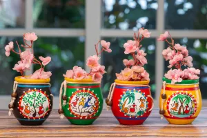 Earthen Innovation Handmade Terracotta Clay Warli Printed Multicolor Beaded Designs Flower Vase for Indoor/Home Decoration, Table Top, Resort Decoration, Pen Pot and Ideal for Gifting Set of 4