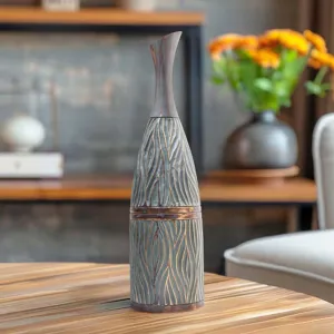 Ekhasa Grey Polyresin Big Vase for Home Decor | Long Corner Vases for Living Room & Home Decoration | Tall Aesthetic Flower Pots for Corner | Large Size Wooden Looking Flower Vase (49 CM)
