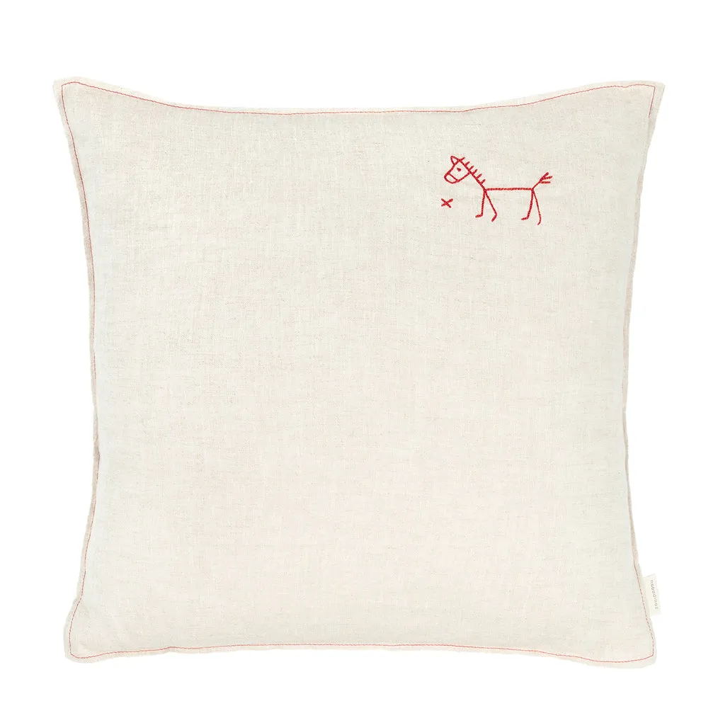 Embroidered square cushion L1N0 in washed French linen Greige