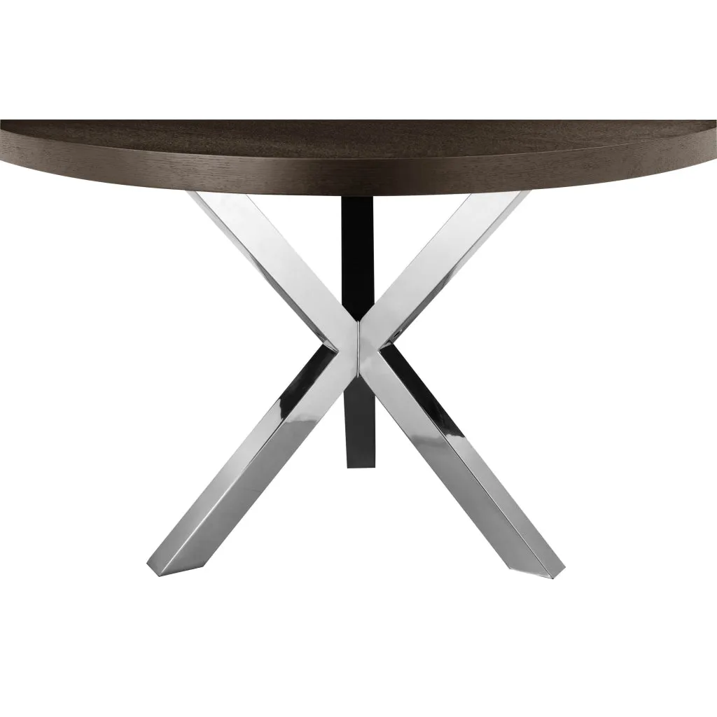 Emi 47 Inch Round Dining Table, X- Cross Brushed Steel, Dark Brown Wood By Casagear Home