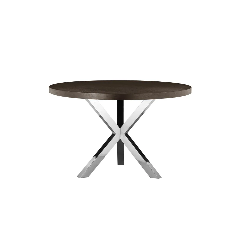 Emi 47 Inch Round Dining Table, X- Cross Brushed Steel, Dark Brown Wood By Casagear Home