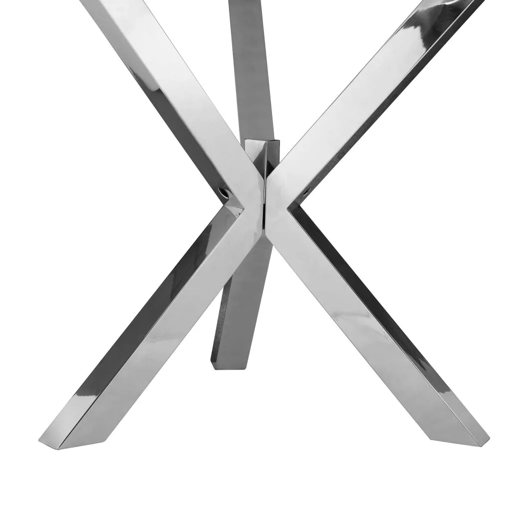 Emi 47 Inch Round Dining Table, X- Cross Brushed Steel, White Wood By Casagear Home