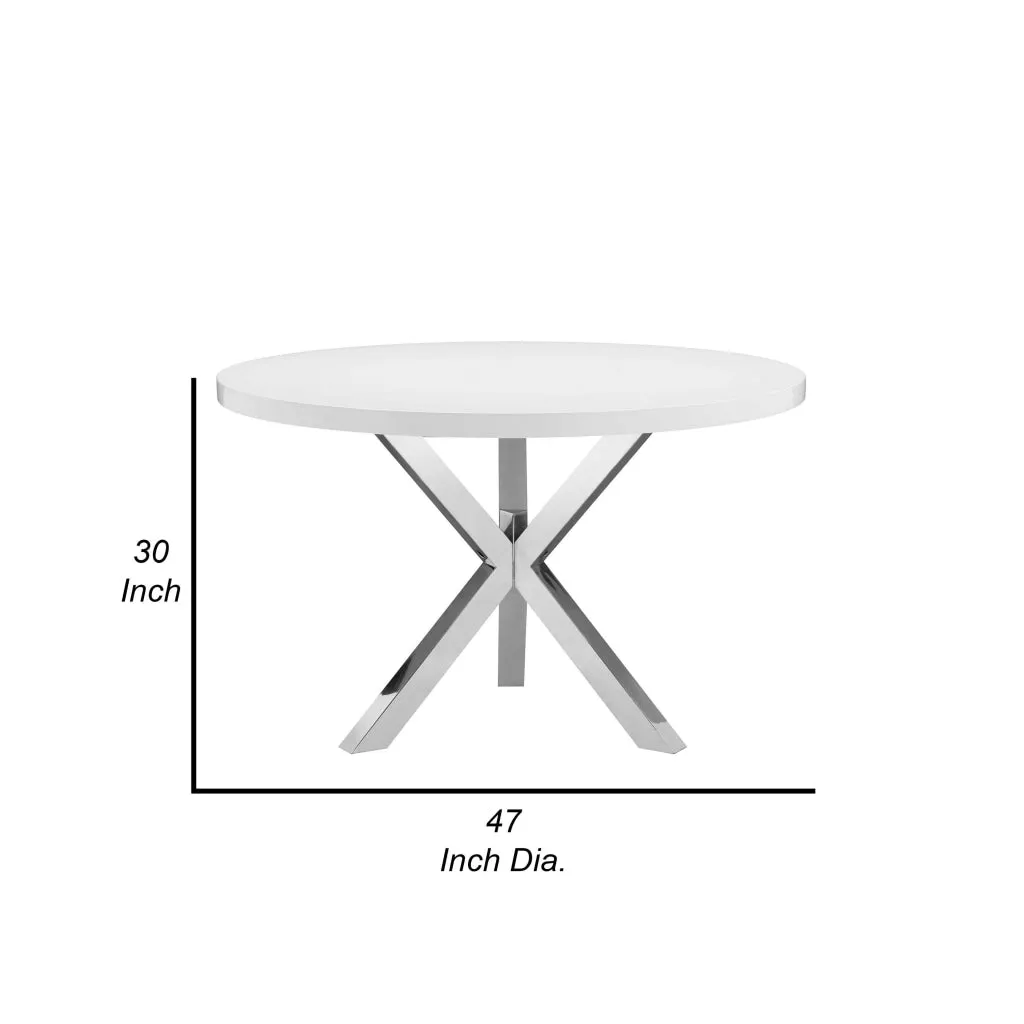 Emi 47 Inch Round Dining Table, X- Cross Brushed Steel, White Wood By Casagear Home