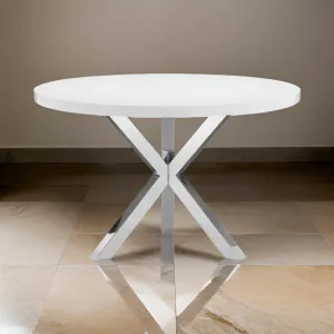 Emi 47 Inch Round Dining Table, X- Cross Brushed Steel, White Wood By Casagear Home