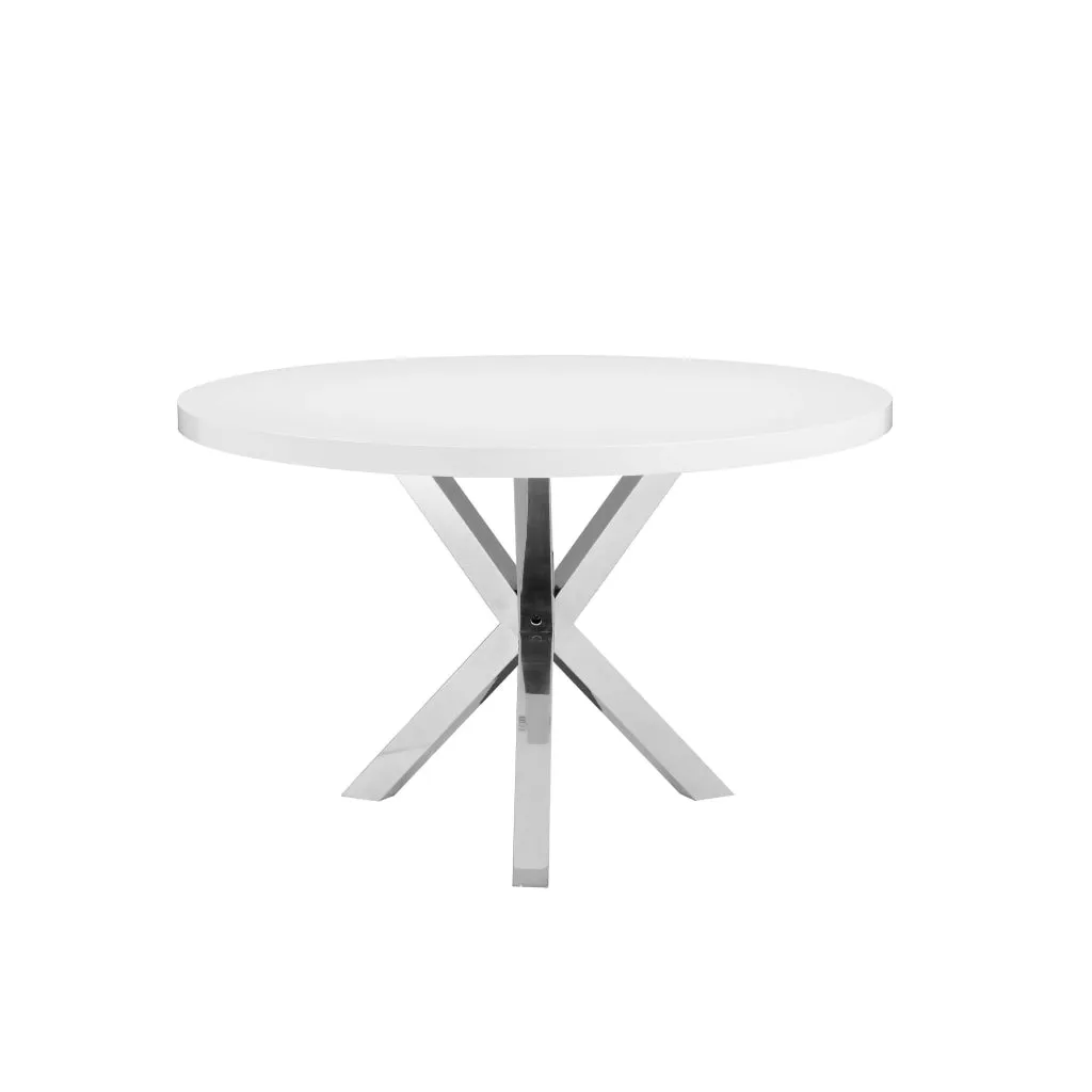 Emi 47 Inch Round Dining Table, X- Cross Brushed Steel, White Wood By Casagear Home