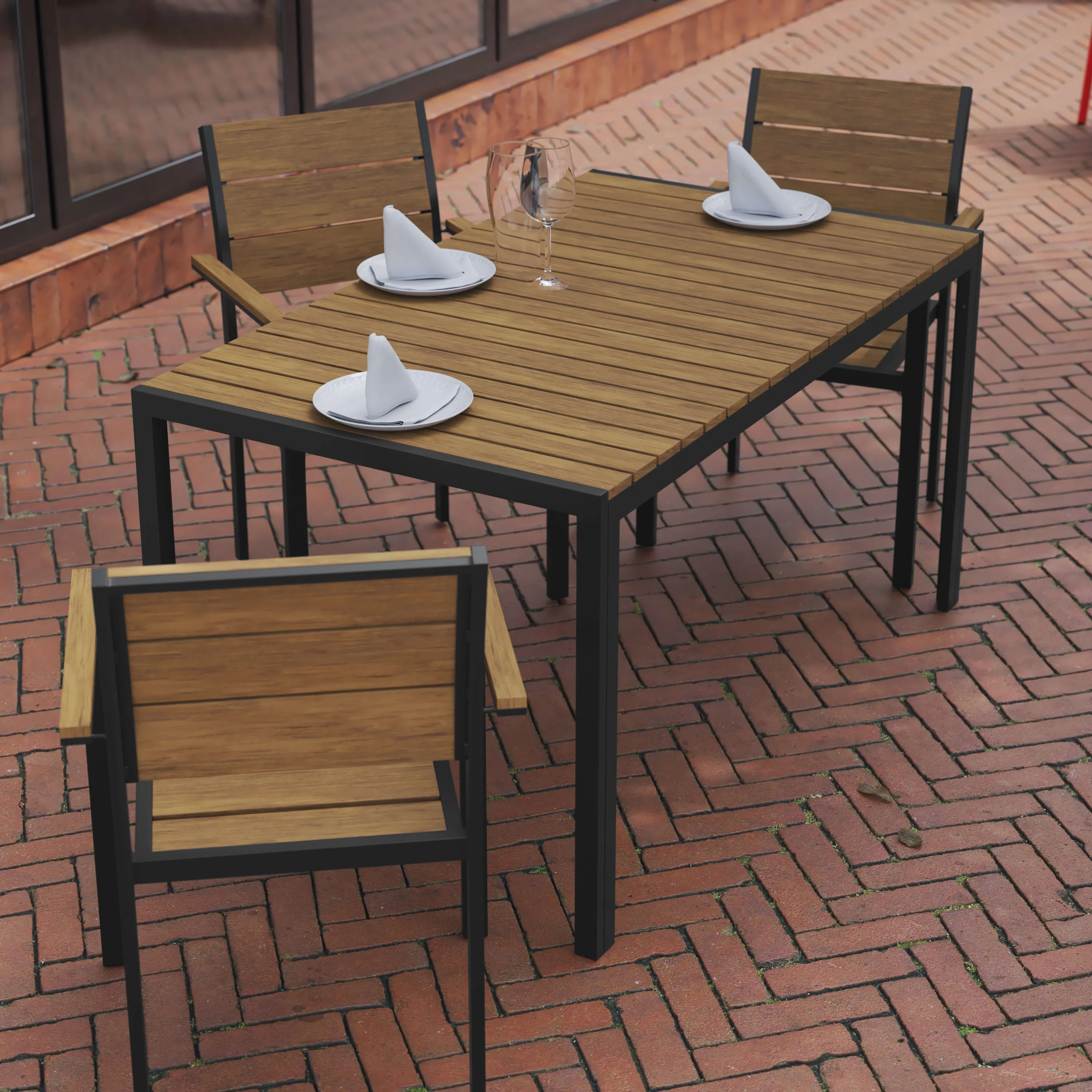 Finch Commercial Grade Outdoor Dining Table 55" x 31" with Faux Teak Poly Slats and Metal Frame