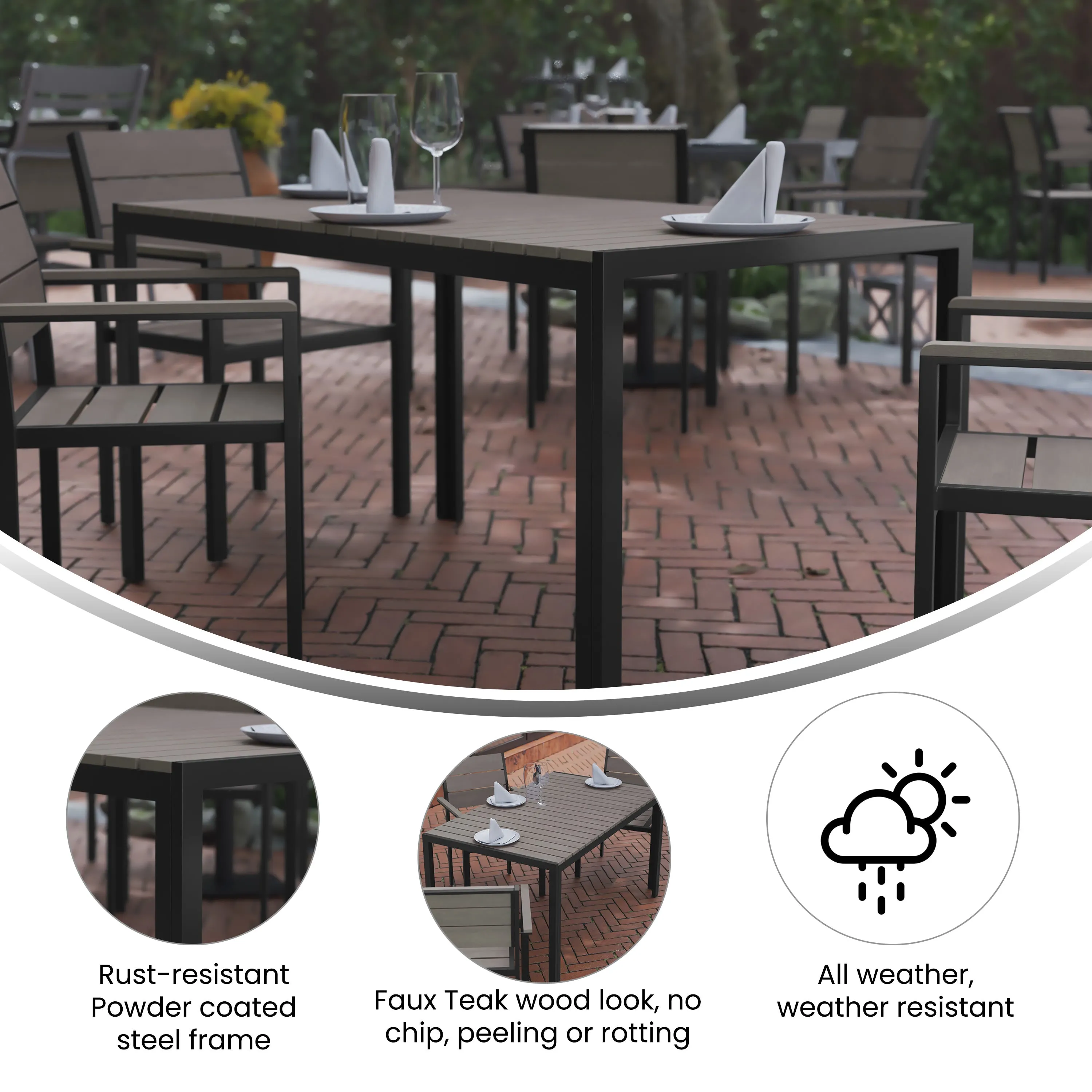 Finch Commercial Grade Outdoor Dining Table 55" x 31" with Faux Teak Poly Slats and Metal Frame