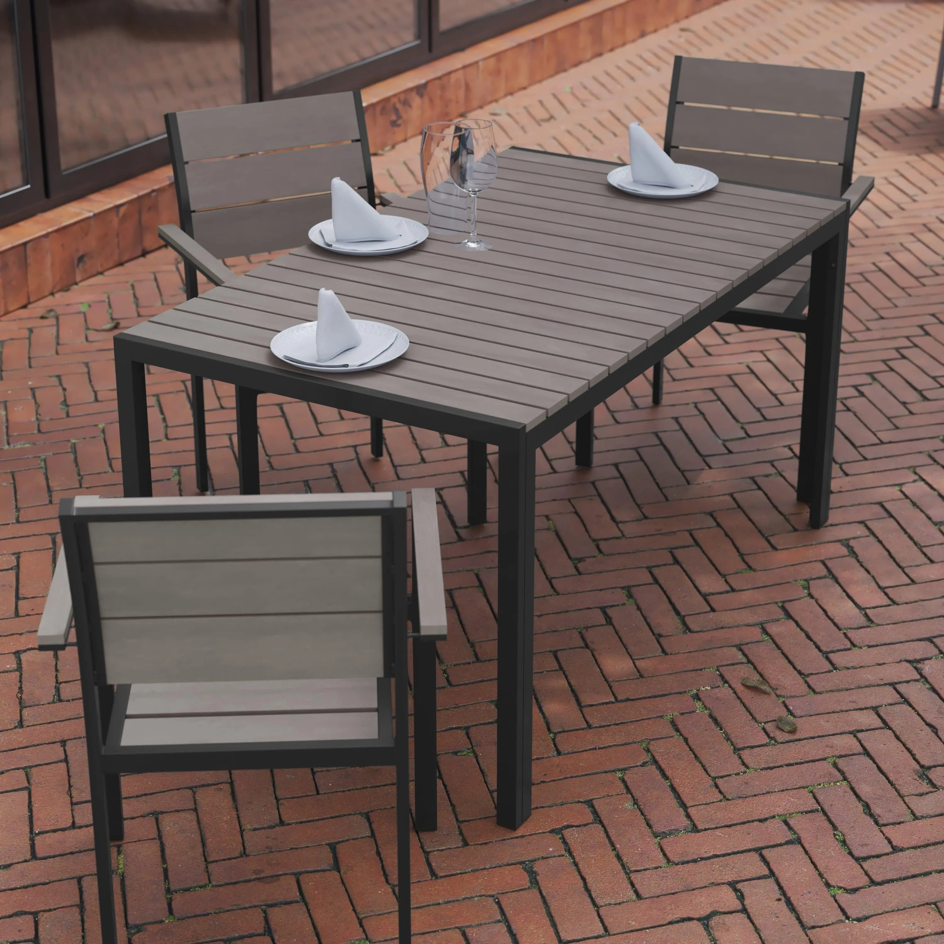 Finch Commercial Grade Outdoor Dining Table 55" x 31" with Faux Teak Poly Slats and Metal Frame