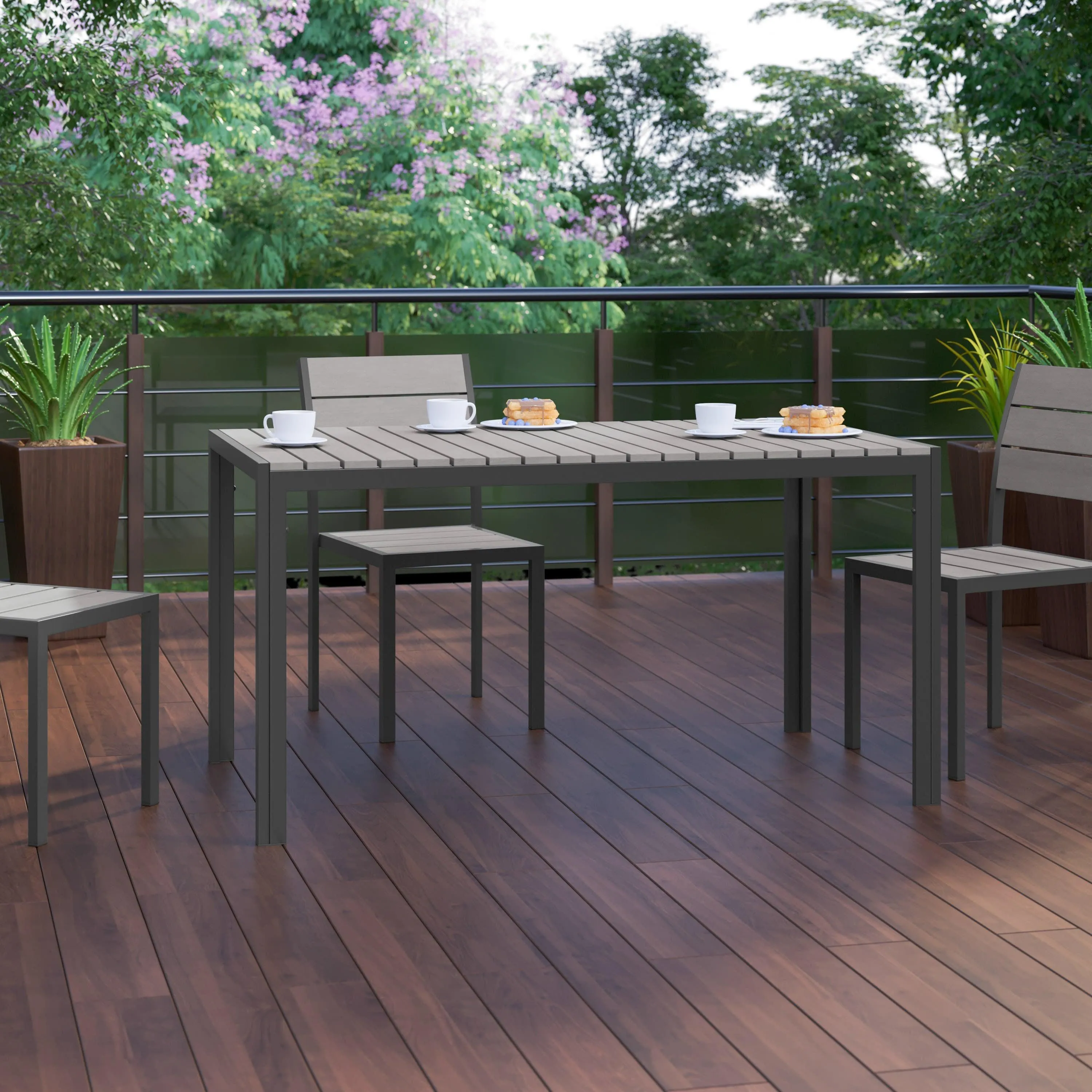 Finch Commercial Grade Outdoor Dining Table 55" x 31" with Faux Teak Poly Slats and Metal Frame