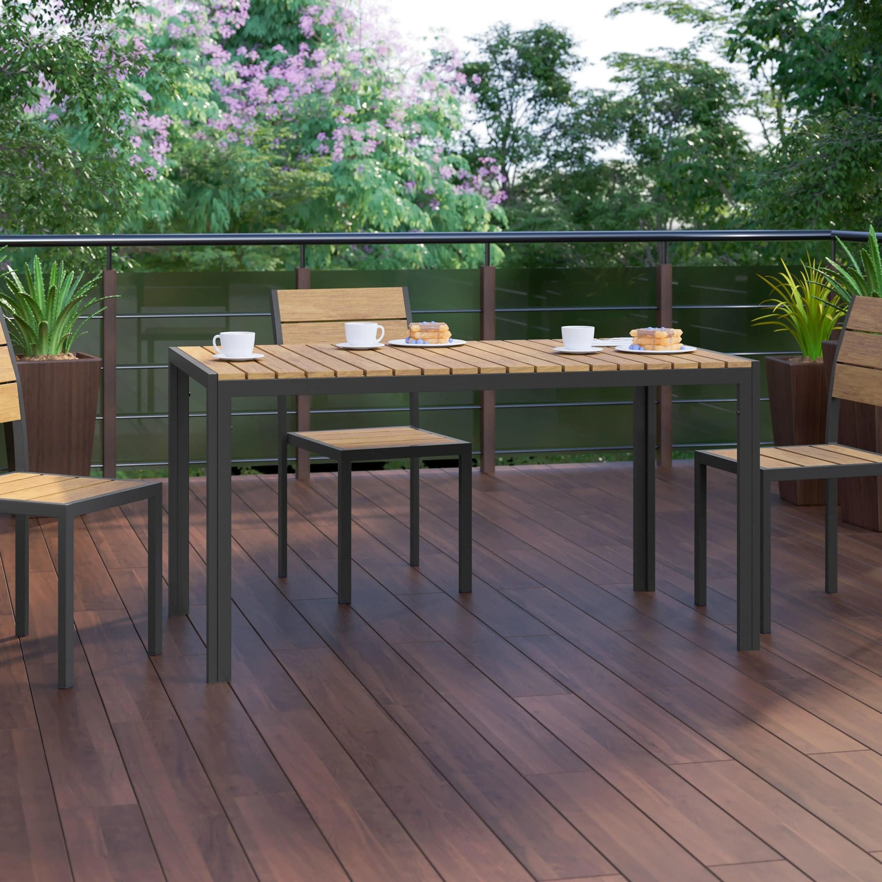 Finch Commercial Grade Outdoor Dining Table 55" x 31" with Faux Teak Poly Slats and Metal Frame