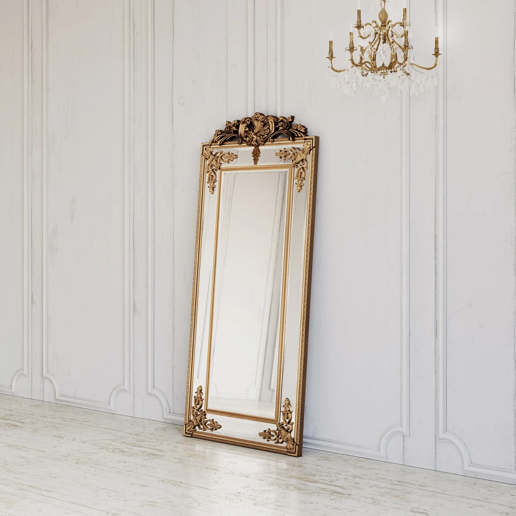 Fleury Mirror: French Gilt Gold Floor Mirror with Intricate Carvings