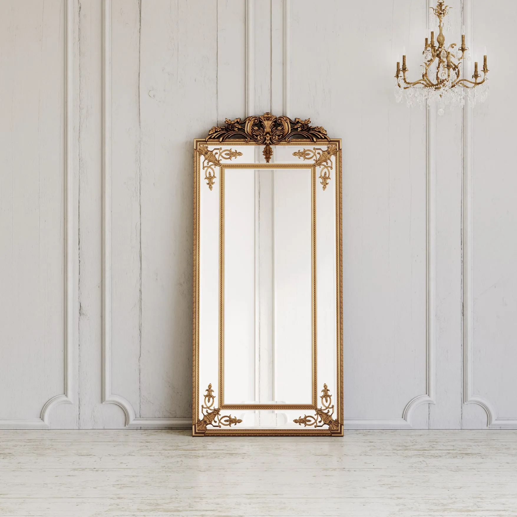 Fleury Mirror: French Gilt Gold Floor Mirror with Intricate Carvings