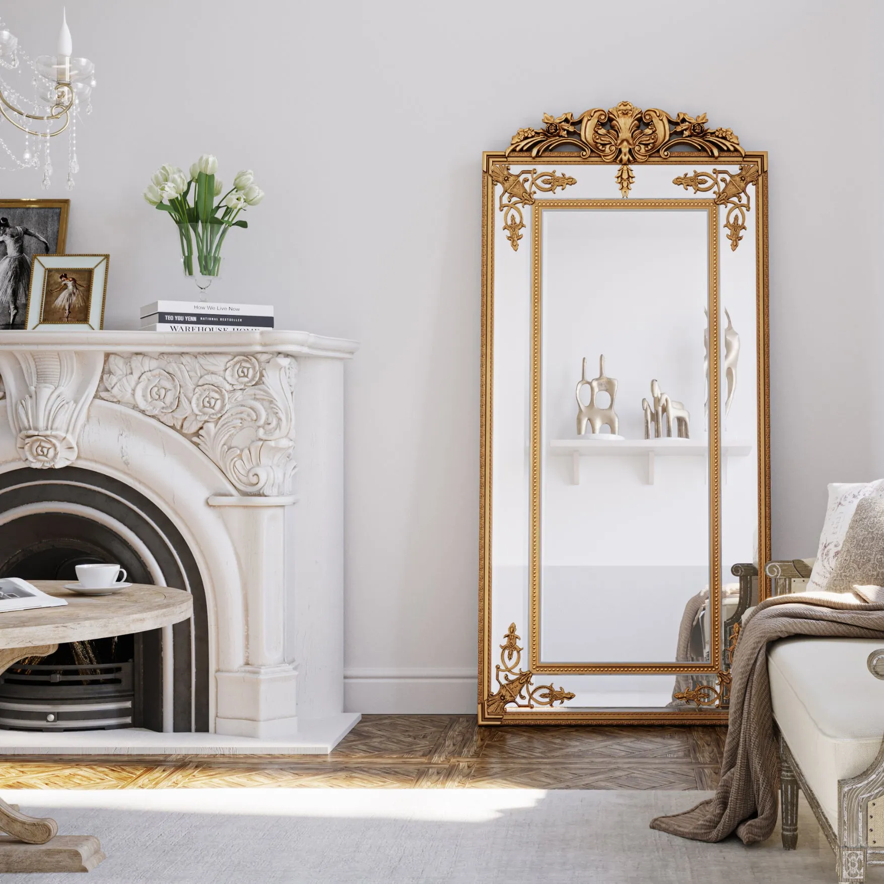 Fleury Mirror: French Gilt Gold Floor Mirror with Intricate Carvings