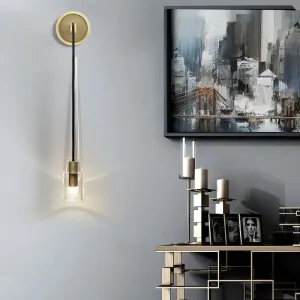 Gold Crystal Wall Sconce Light with Conical Shade - Minimalist Design, 13"/26" H
