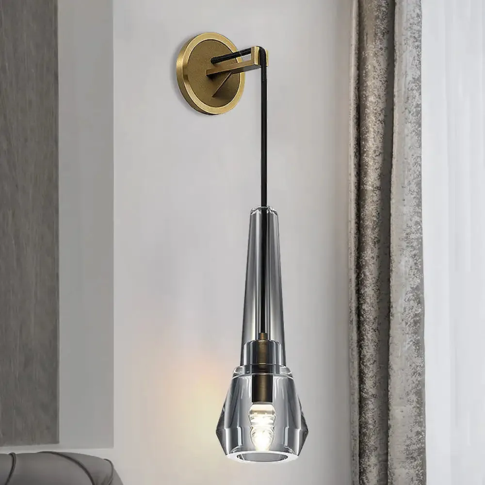 Gold Crystal Wall Sconce Light with Conical Shade - Minimalist Design, 13"/26" H