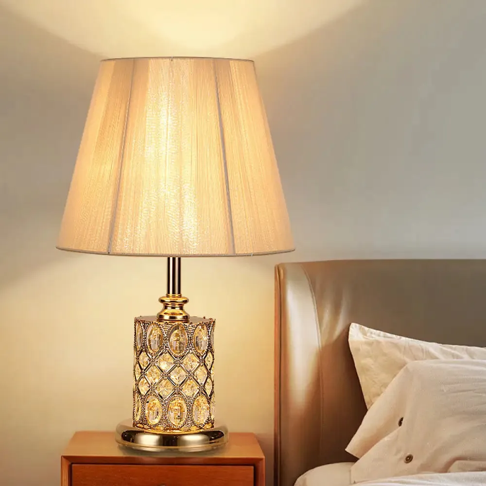 Gold Cylinder Crystal Reading Lamp for Night Table with Faceted Design