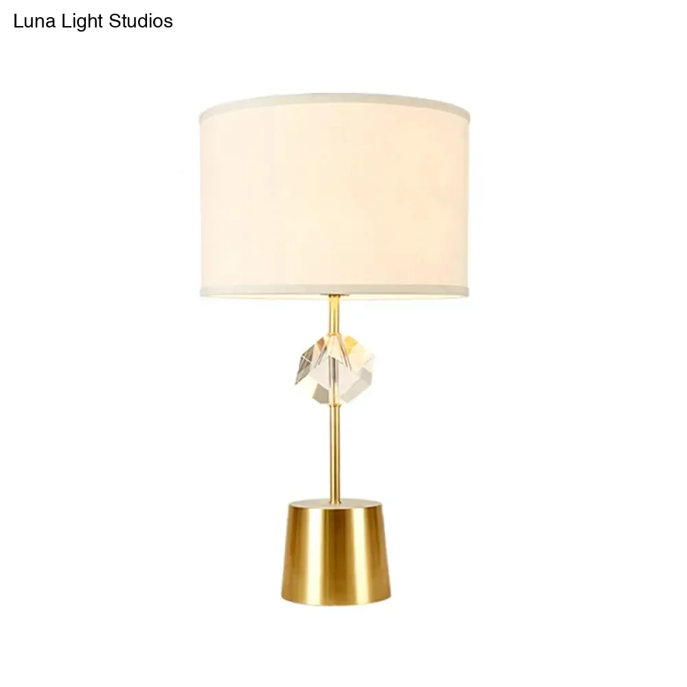 Gold Traditional Fabric Drum Shade Nightstand Lamp with Crystal Cube Deco