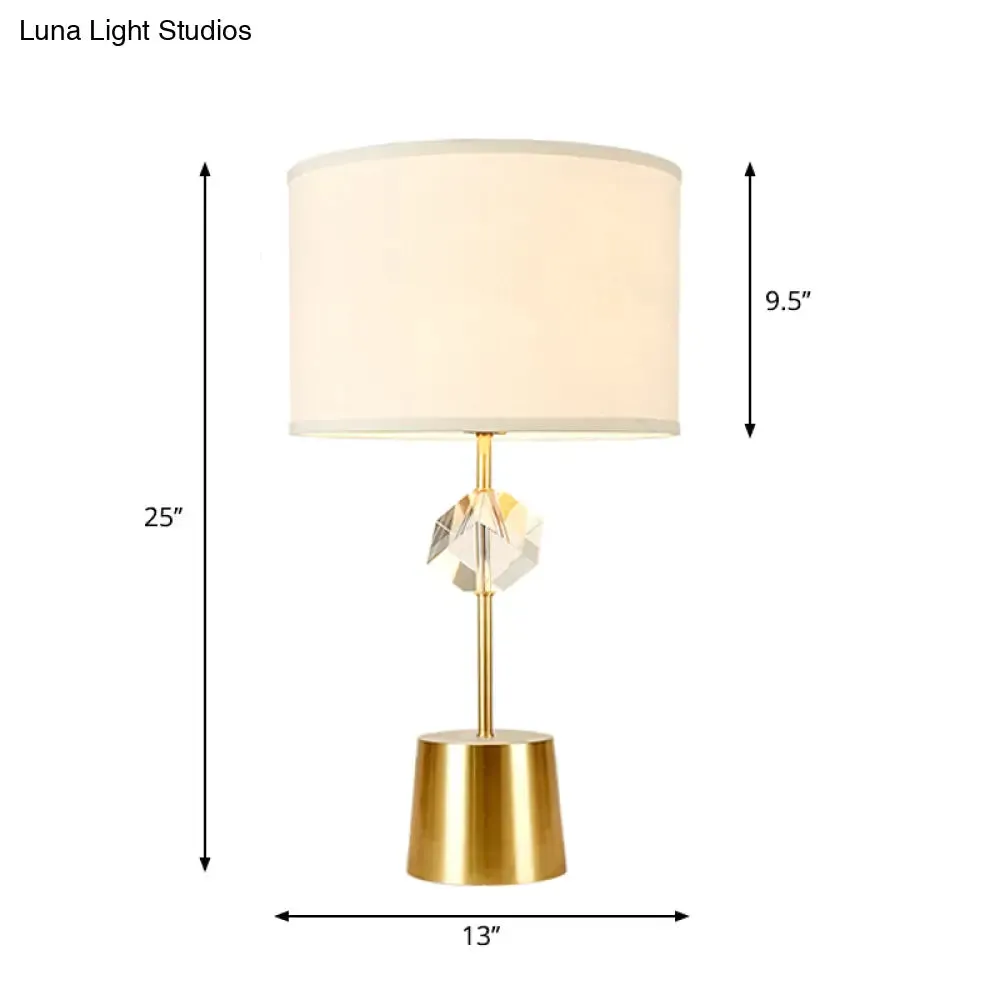 Gold Traditional Fabric Drum Shade Nightstand Lamp with Crystal Cube Deco