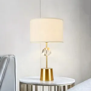 Gold Traditional Fabric Drum Shade Nightstand Lamp with Crystal Cube Deco