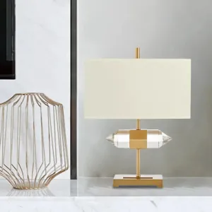 Golden Simplicity: 1-Light Table Lamp with Rectangle Fabric Shade and Crystal Prism Decor