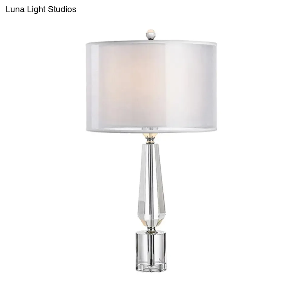 Grey Nightstand Lamp: Fabric Drum Shade, Single Classic Table Light with Crystal Pedestal