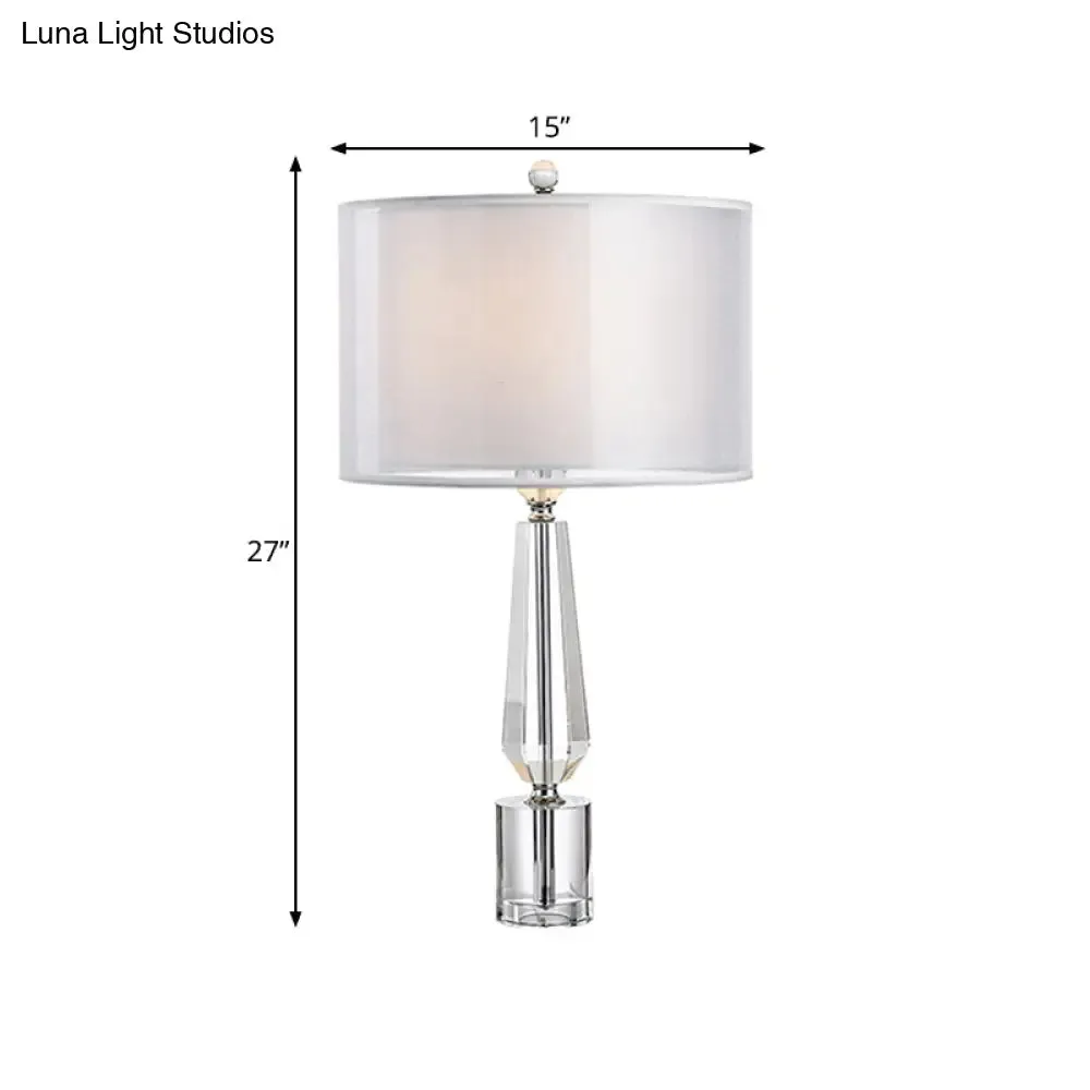 Grey Nightstand Lamp: Fabric Drum Shade, Single Classic Table Light with Crystal Pedestal
