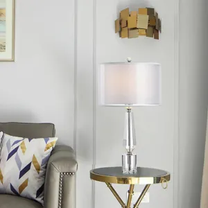 Grey Nightstand Lamp: Fabric Drum Shade, Single Classic Table Light with Crystal Pedestal