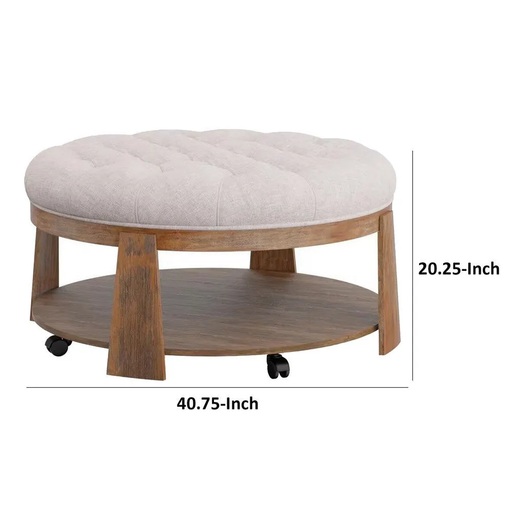 Gus 41 Inch Ottoman Coffee Table, Button Tufted Beige Fabric, Brown Wood By Casagear Home