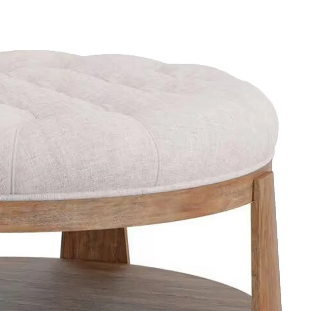Gus 41 Inch Ottoman Coffee Table, Button Tufted Beige Fabric, Brown Wood By Casagear Home