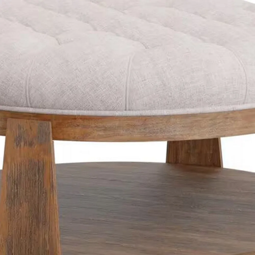 Gus 41 Inch Ottoman Coffee Table, Button Tufted Beige Fabric, Brown Wood By Casagear Home