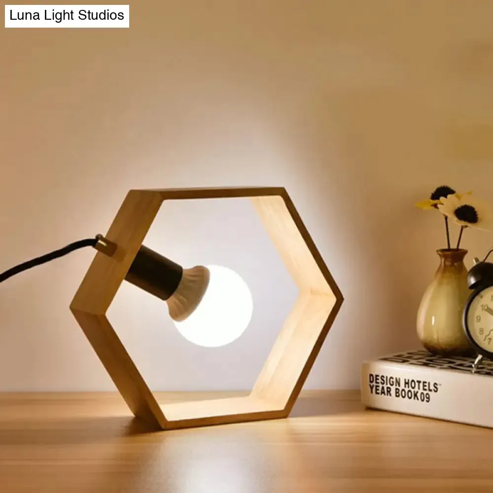 Hexagon Table Lamp with Lodge Style Wood Frame Shade - Stylish Bedside Lighting