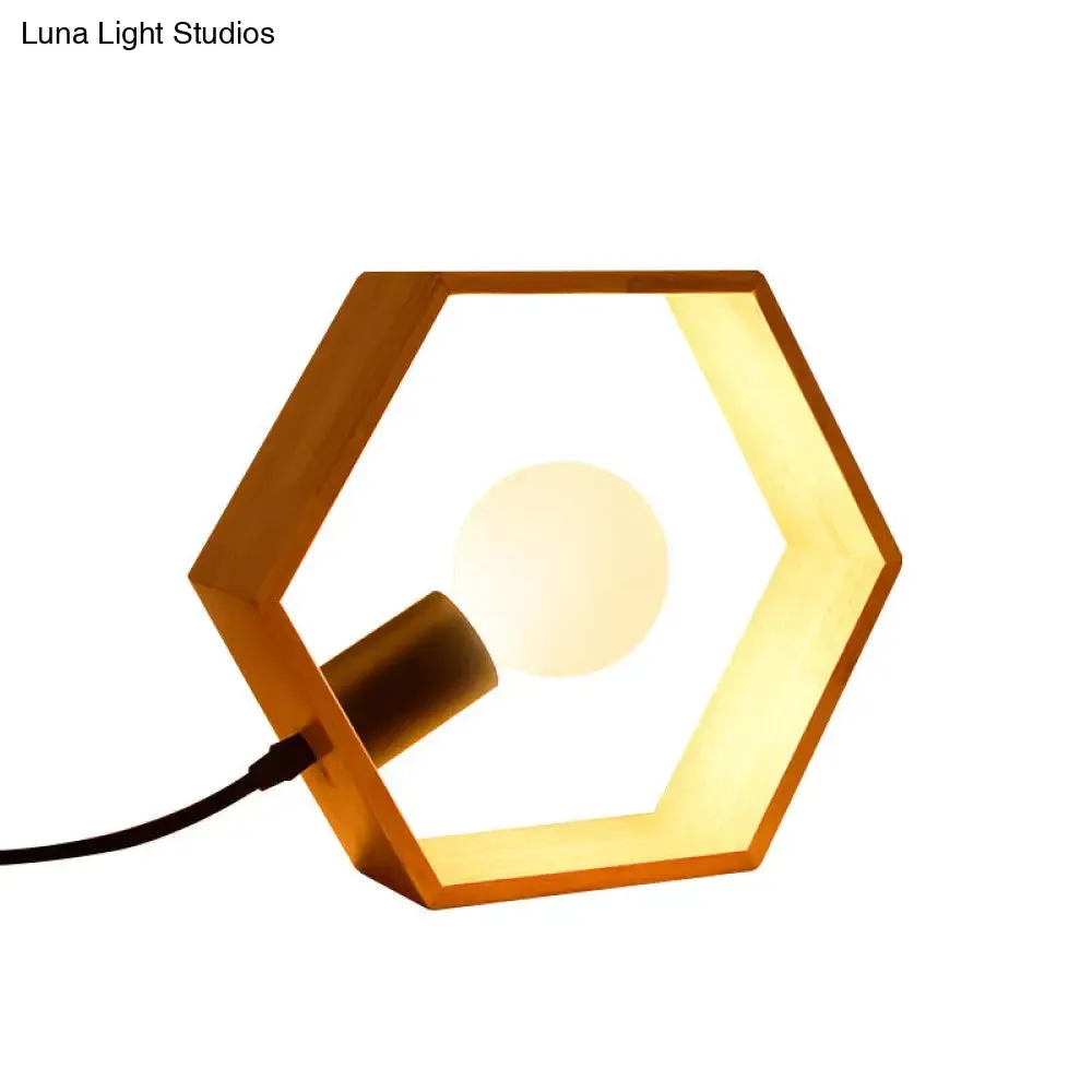 Hexagon Table Lamp with Lodge Style Wood Frame Shade - Stylish Bedside Lighting