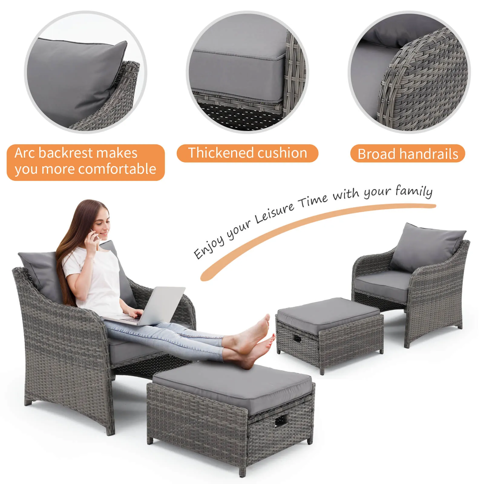 Homrest 5 Pcs Patio Wicker Chair Set with Ottomans and Coffee Table, Gray