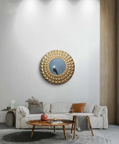 ICANDY CRAFTS STORE Wood Wall Mirror Frame Wall Hanging | Wall Floating | for Room | Hall | Bathroom Home | Decor Living Room | Golden | (24x24 Inch) q