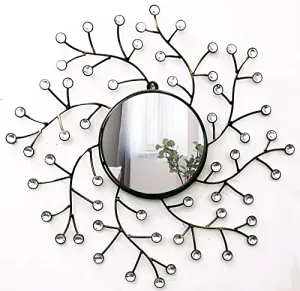 Iron Decorative 20 inch Glass 10 inch Wall Mounted Hanging Metal, Round Leaf Design Modern Art Mirror Antique Style Sculpture (Black) (Golden Black) (Tree Style)