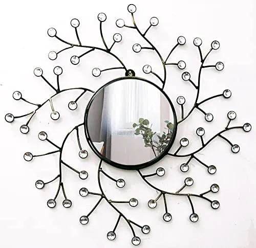 Iron Decorative 20 inch Glass 10 inch Wall Mounted Hanging Metal, Round Leaf Design Modern Art Mirror Antique Style Sculpture (Black) (Golden Black) (Tree Style)