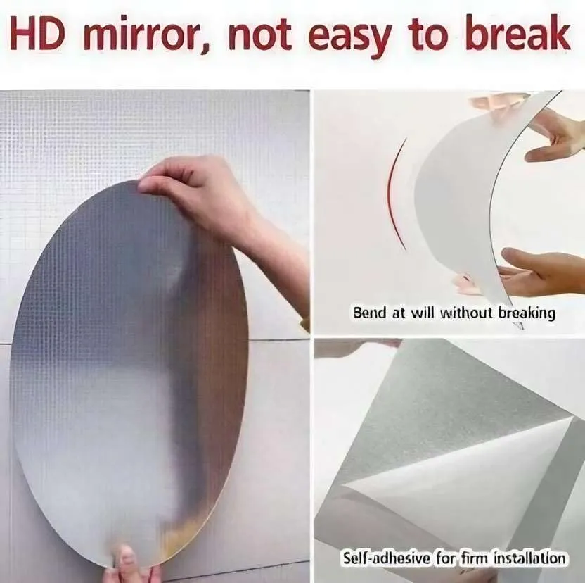 IRQA Oval Shape Adhesive Mirror Sticker for Wall on Tiles Bathroom Bedroom Living Room Basin Mirror Bathroom Wall Mirror Stickers Unbreakable Plastic Vanity Mirror, Makeup Mirror (Style_65