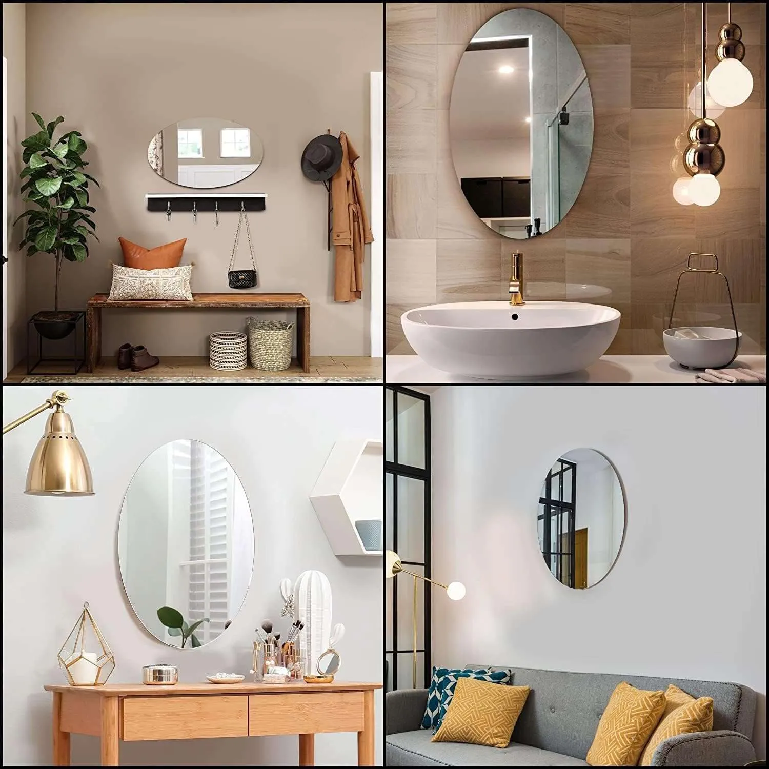 IRQA Oval Shape Adhesive Mirror Sticker for Wall on Tiles Bathroom Bedroom Living Room Basin Mirror Bathroom Wall Mirror Stickers Unbreakable Plastic Vanity Mirror, Makeup Mirror (Style_65