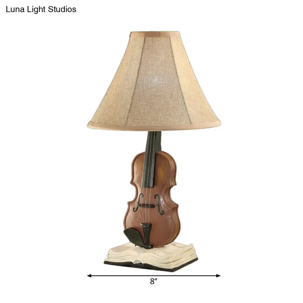 Kids Beige Reading Light: Living Room Flared Shade Desk Lamp with Violin Base Resin - 1 Head