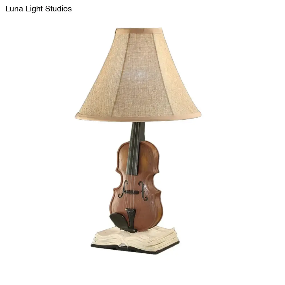Kids Beige Reading Light: Living Room Flared Shade Desk Lamp with Violin Base Resin - 1 Head